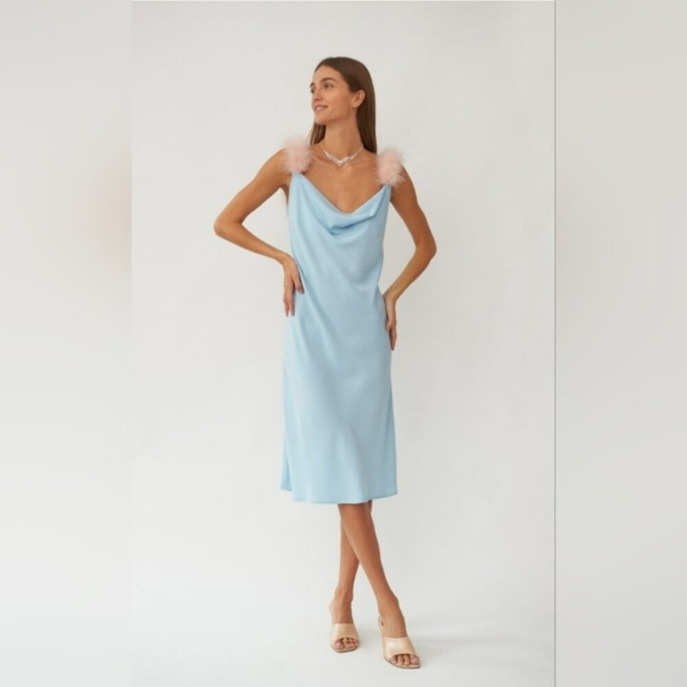 SLEEPER Voulez Vous Dancer Dress Small Baby Blue Slip Dress Feather Straps